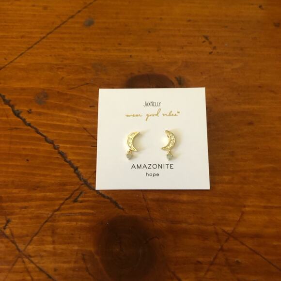 JAXKELLY NIP Amazonite Stone White CZ Moon Drop Sterling Silver Posts Earrings - Picture 4 of 9